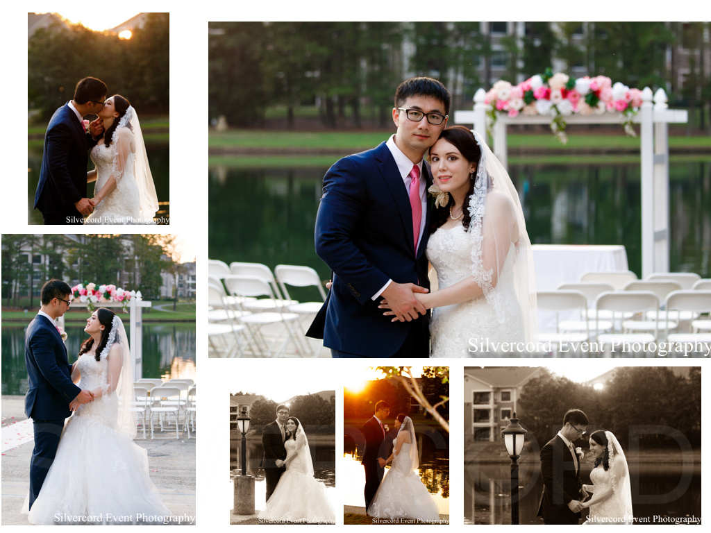 Wedding photography by the lake at golden hour at the Doubletree by Hilton Durham NC