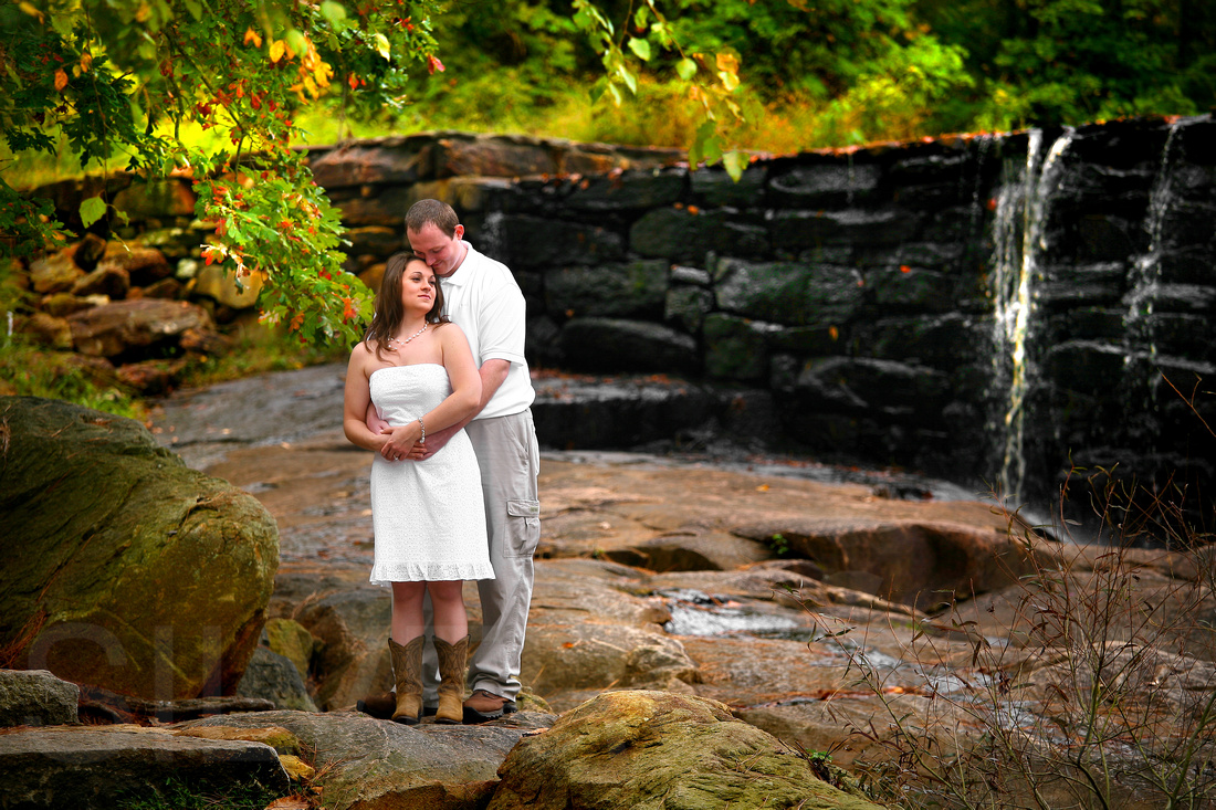 Yates Mill Pond Farm Park + Engagement photography + by the waterfall