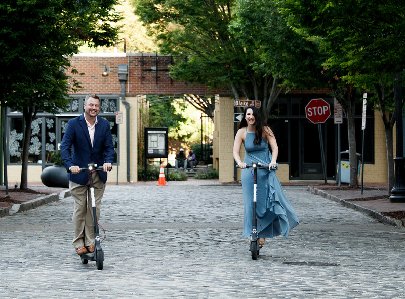 Raleigh engagement photography downtown with Bird Scooters and Train station-7