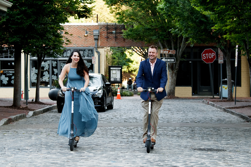 Raleigh engagement photography downtown with Bird Scooters and Train station-9